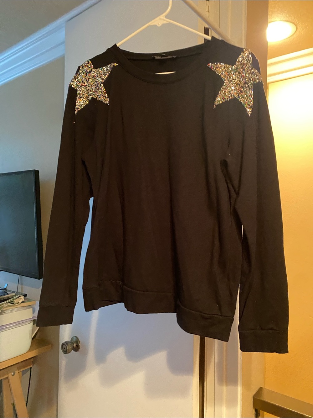 Inc Long Sleeve sweatshirt with Glitter Star Shoulder Accents Med